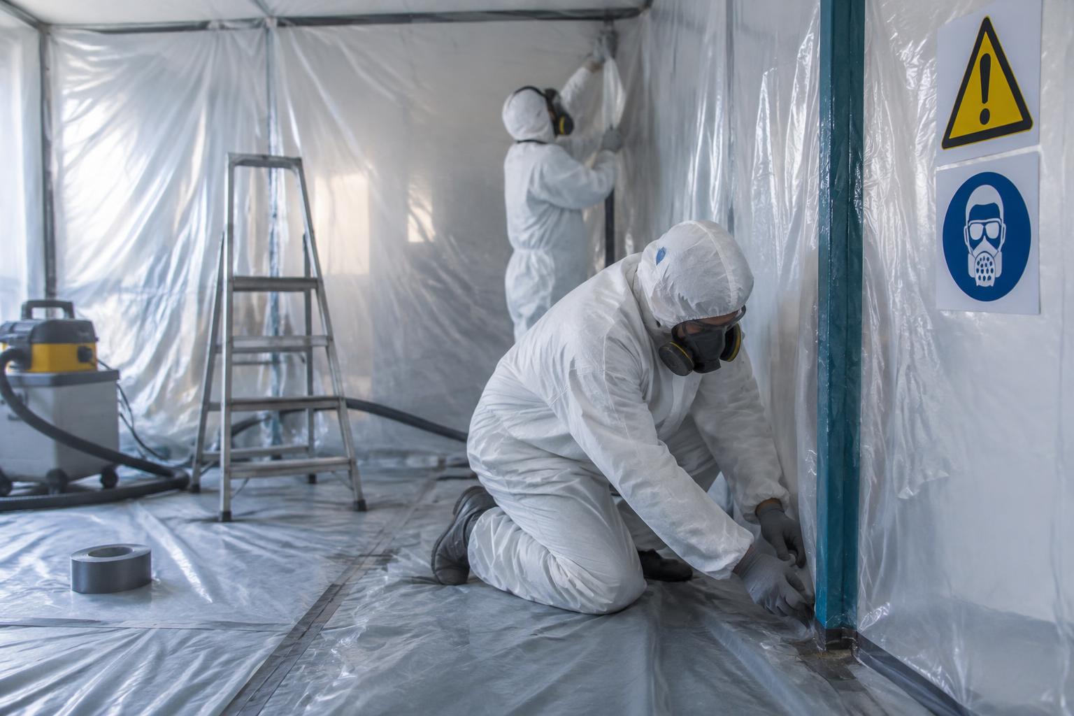 Abatement professionals working inside a sealed containment enclosure