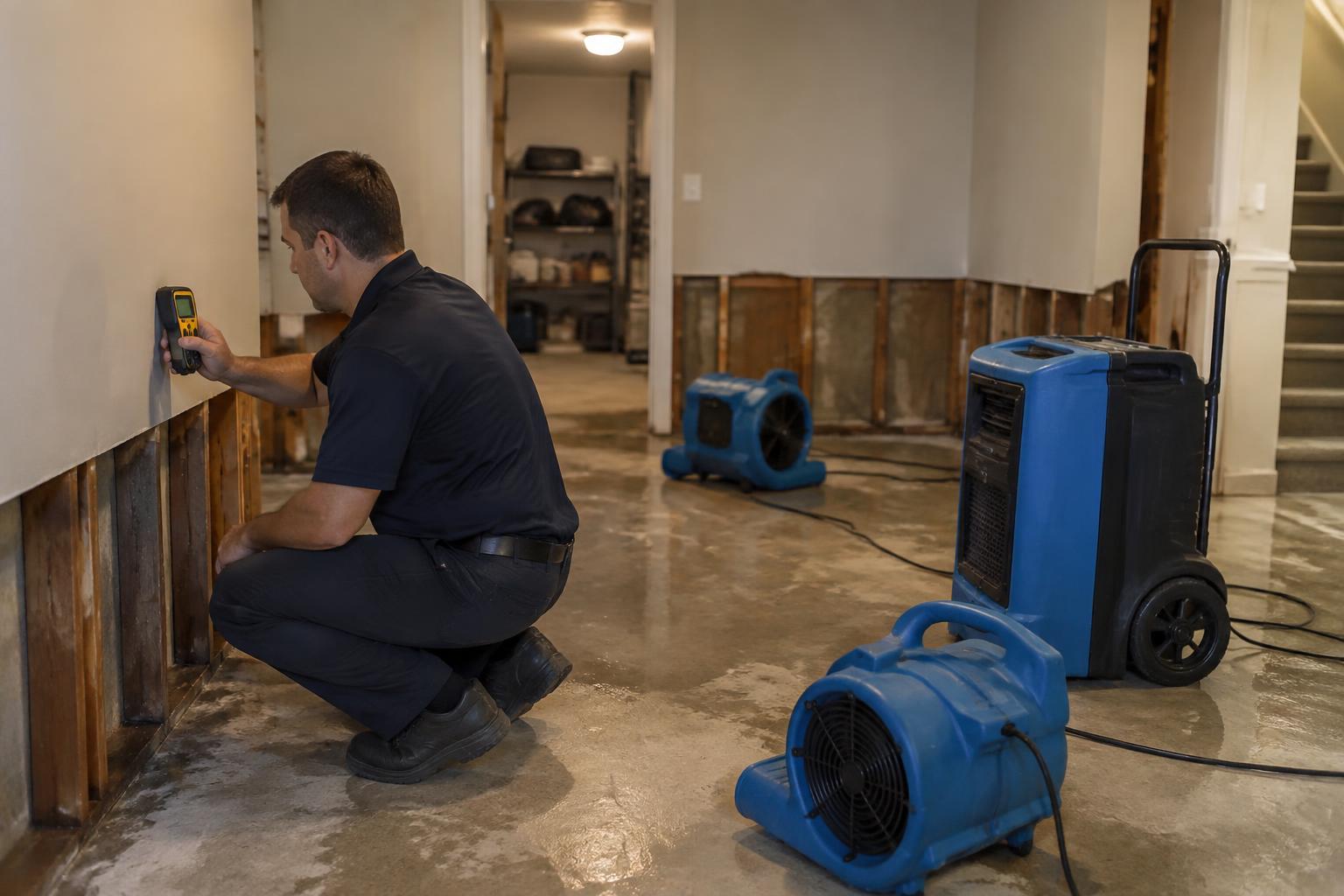Technician measuring moisture during a basement water damage restoration